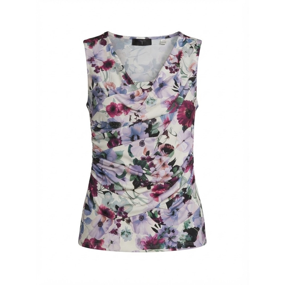 Sleeveless Floral Ruched Shell Top Women Large Purple White Floral Good